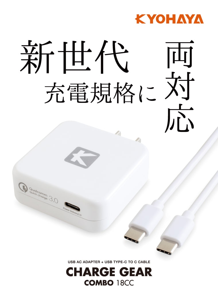 USB充電器 薄型 PD/QC対応 18W + USB C to C ケーブル 1m