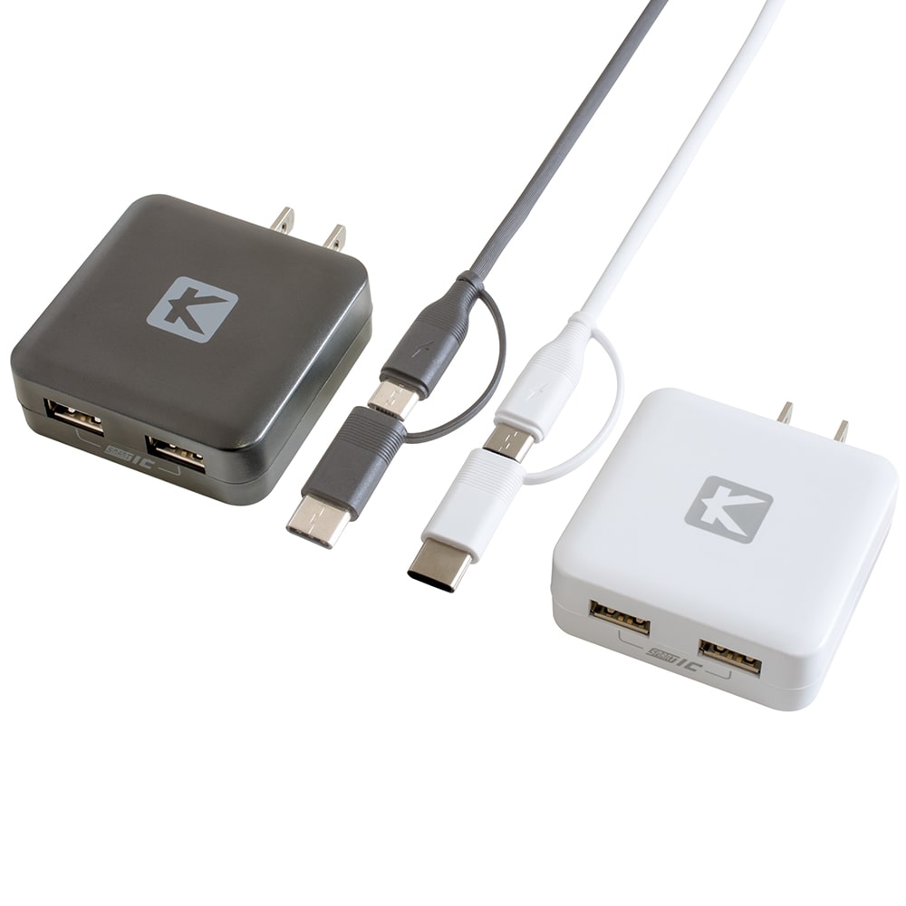 USB充電器 薄型 2ポート 3.4A出力 + microUSB ケーブル 1.5m + USB Type-C 変換コネクタ