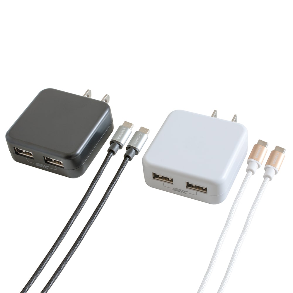 USB充電器 薄型 2ポート 2.4A出力 + microUSB ケーブル 30cm 1m 2本
