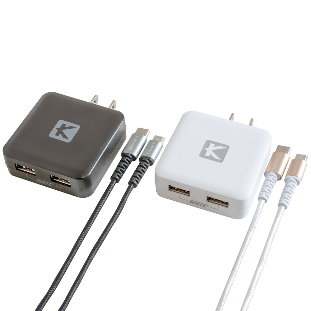 USB充電器 薄型 2ポート 3.4A出力 + microUSB ケーブル 1m + USB Type-C ケーブル 1m