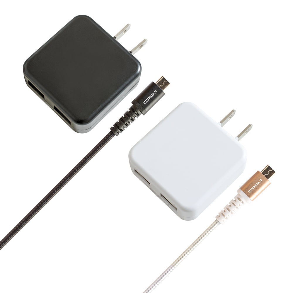 USB充電器 薄型 2ポート 2.4A出力 + タフタイプ microUSB ケーブル 1.2m
