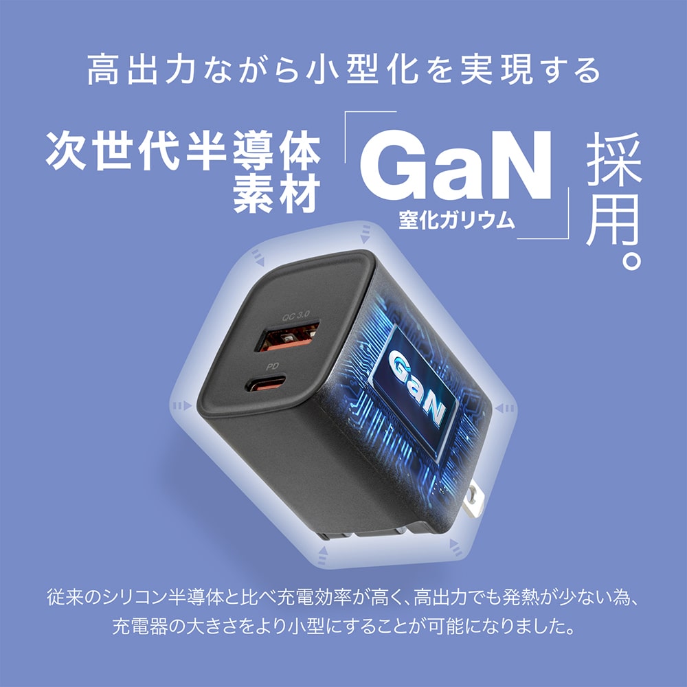 高出力ながら小型化を実現する 次世代半導体素材 GaN（窒化ガリウム）採用